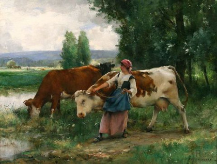 Femme-et-vaches-à-la-rivière